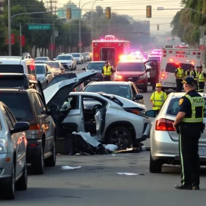 Scene of a traffic accident with damaged vehicles and emergency responders