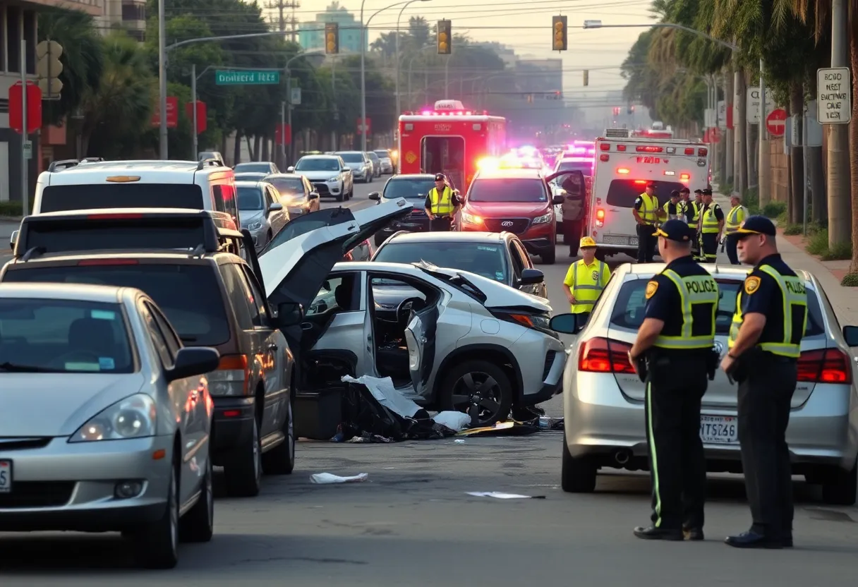 Scene of a traffic accident with damaged vehicles and emergency responders