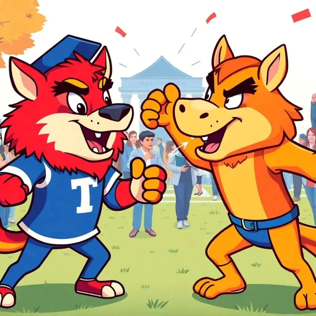 Cartoon depiction of UC Berkeley and UCLA mascots engaged in friendly rivalry.