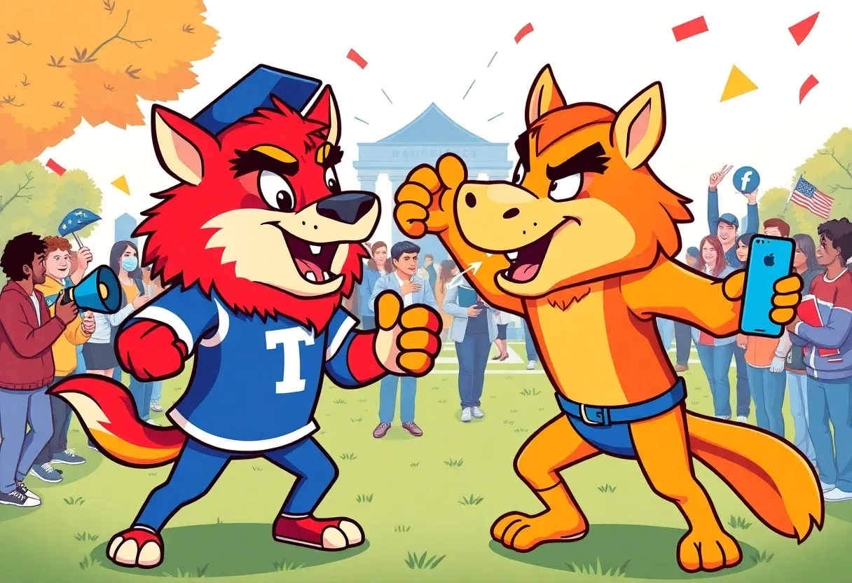 Cartoon depiction of UC Berkeley and UCLA mascots engaged in friendly rivalry.