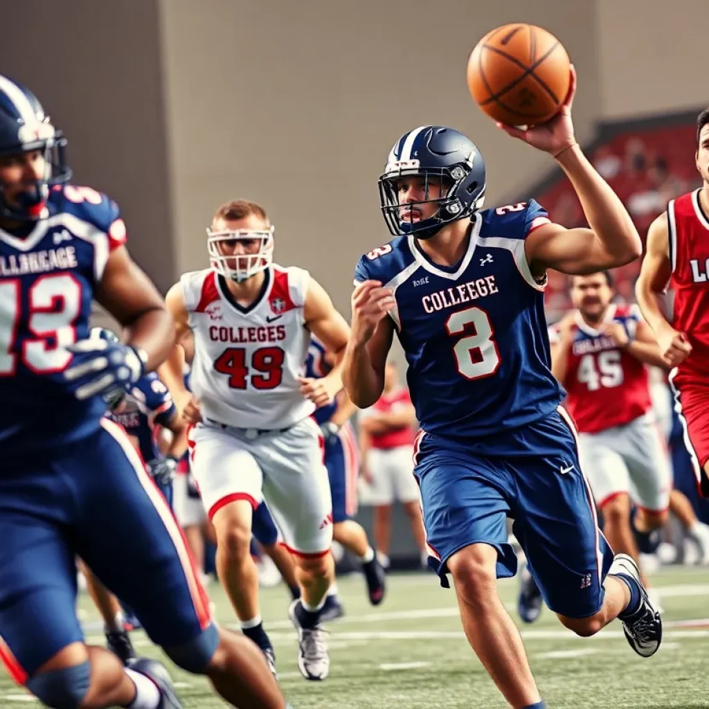 UCLA Bruins football and basketball players in a competitive setting