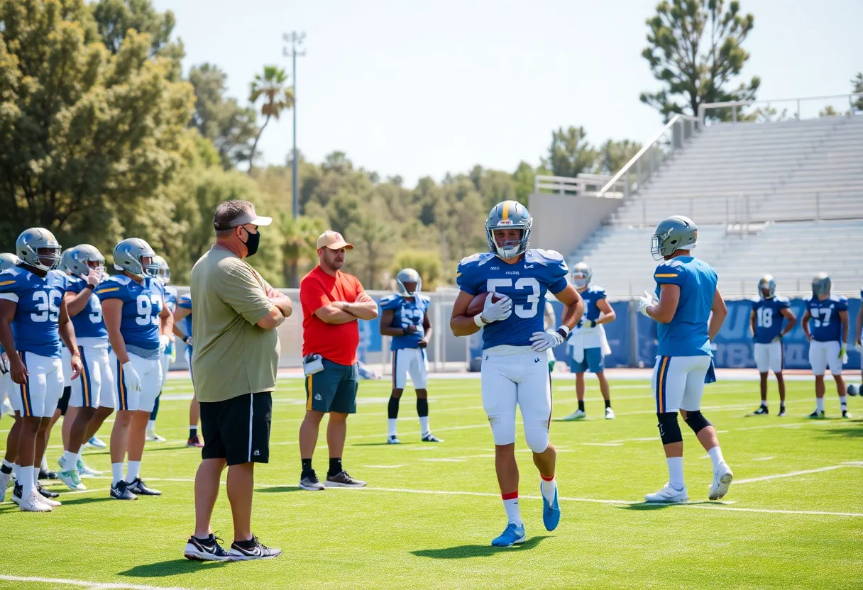 UCLA football players practicing at training camp