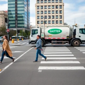 View of a busy urban crosswalk with pedestrians and a sanitation truck in the background.