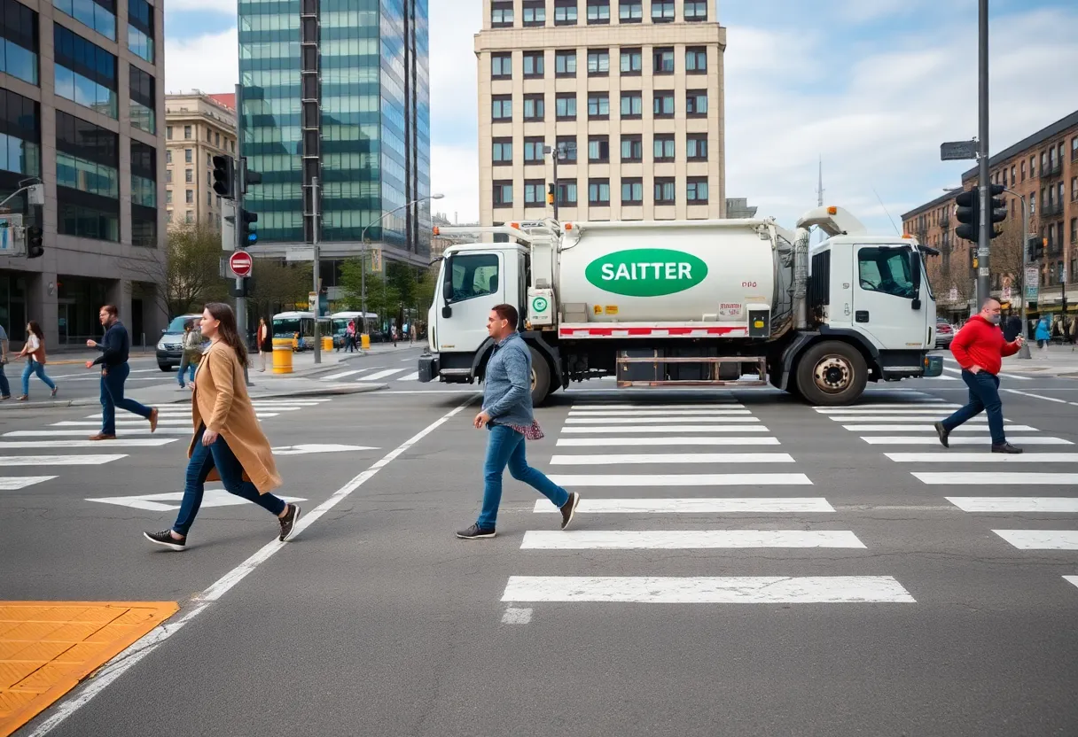 View of a busy urban crosswalk with pedestrians and a sanitation truck in the background.