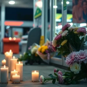 Candlelit vigil for a victim of a 7-Eleven attack with flowers and photos