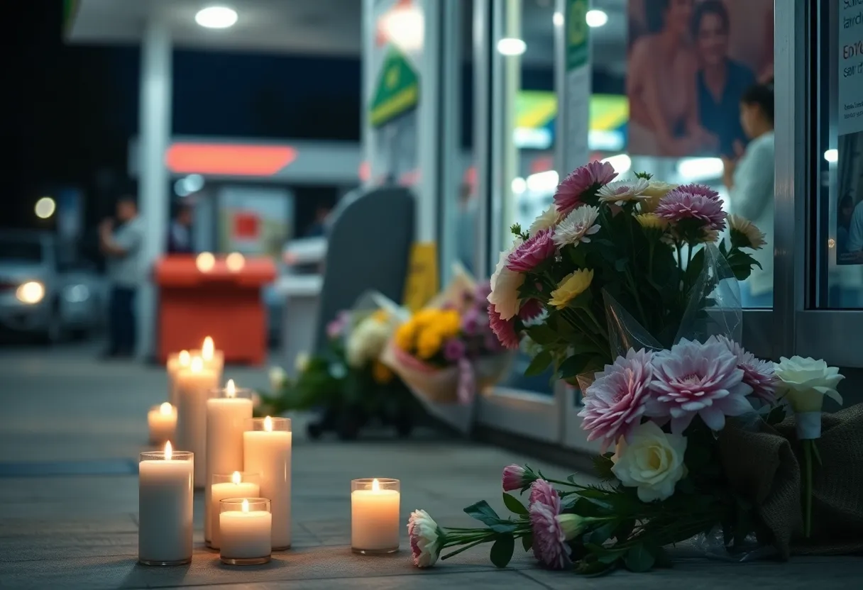 Candlelit vigil for a victim of a 7-Eleven attack with flowers and photos