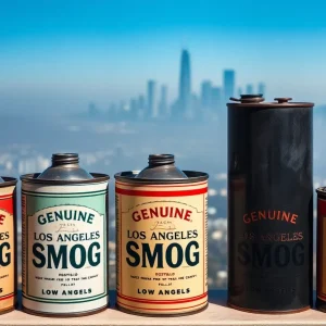 A display of vintage cans of 'Genuine Los Angeles Smog' with the city skyline in the background.