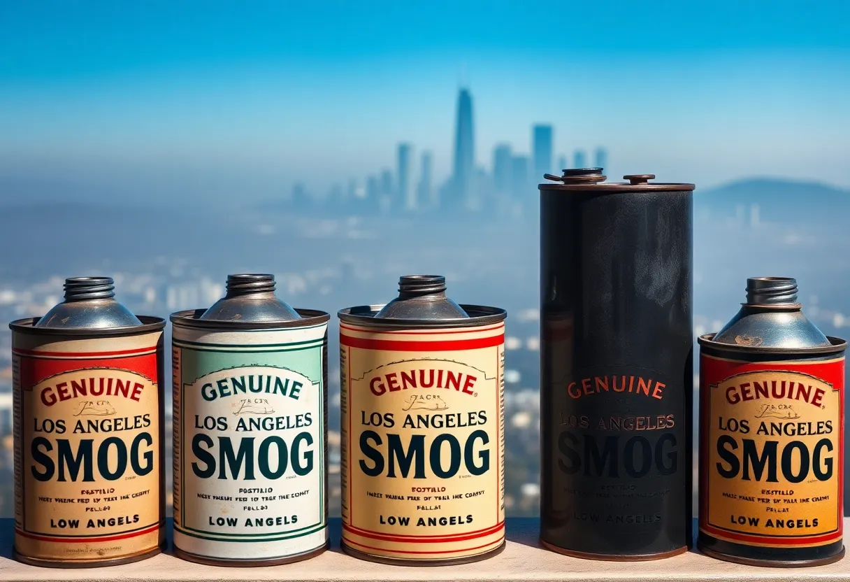 A display of vintage cans of 'Genuine Los Angeles Smog' with the city skyline in the background.