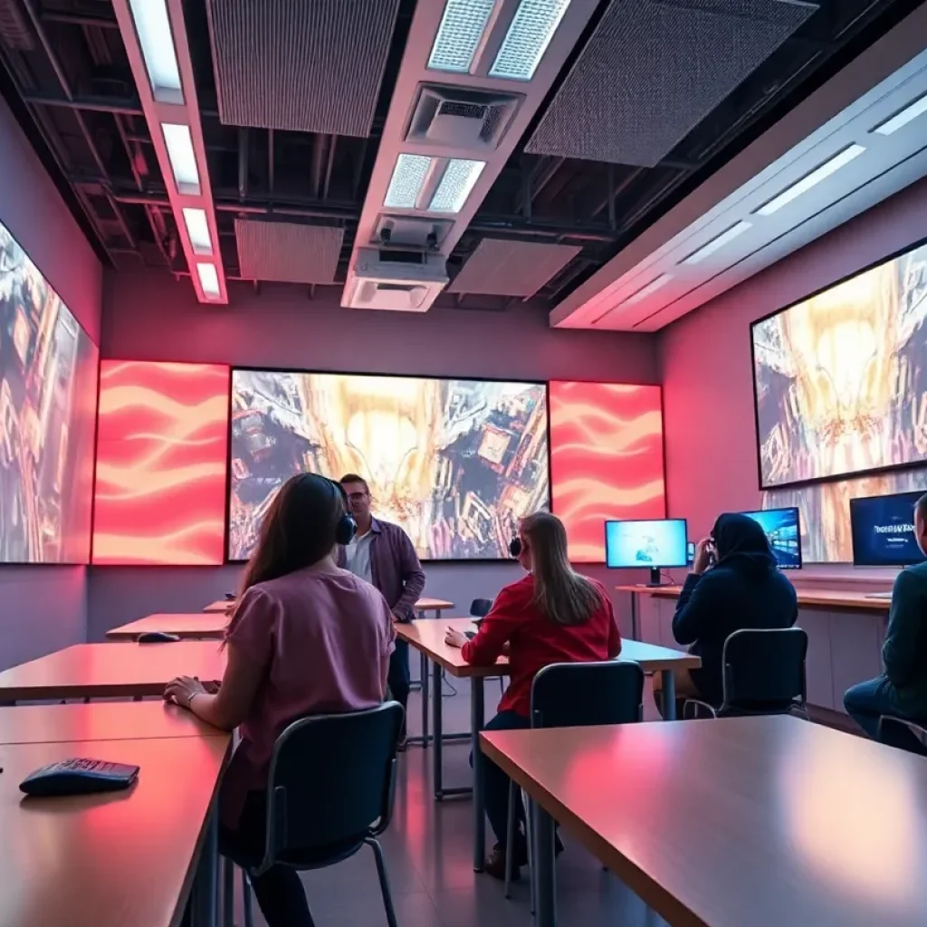 Students learning about virtual production in a modern film school.