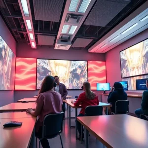 Students learning about virtual production in a modern film school.