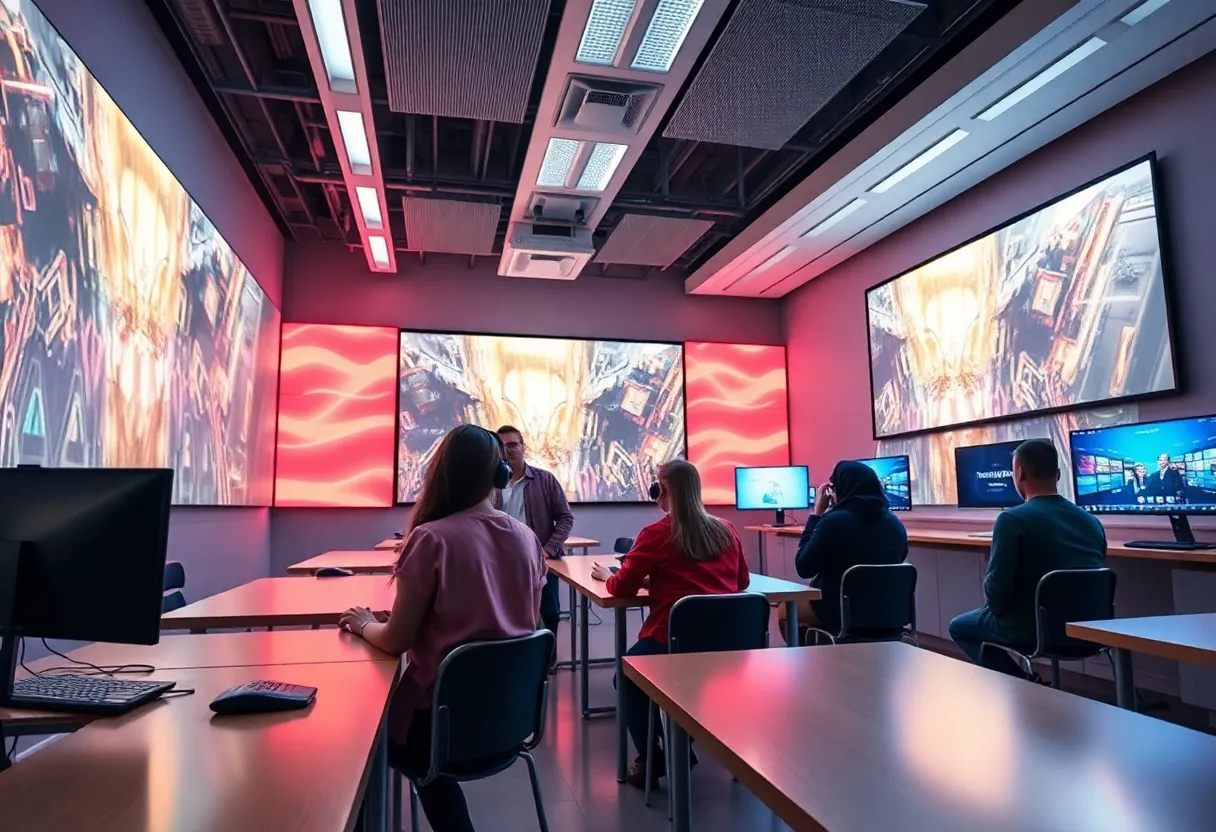 Students learning about virtual production in a modern film school.