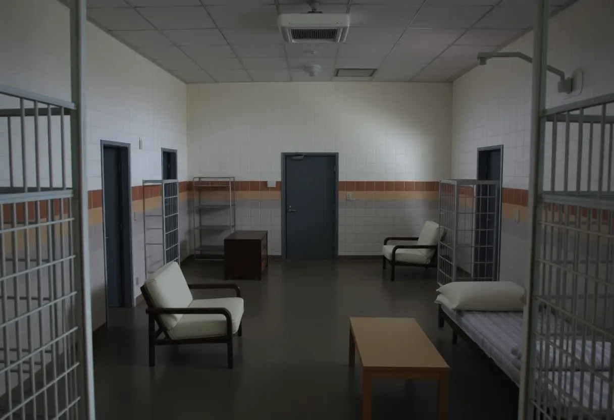Interior view of the B-18 processing center showing minimalist and inadequate living conditions for detainees.