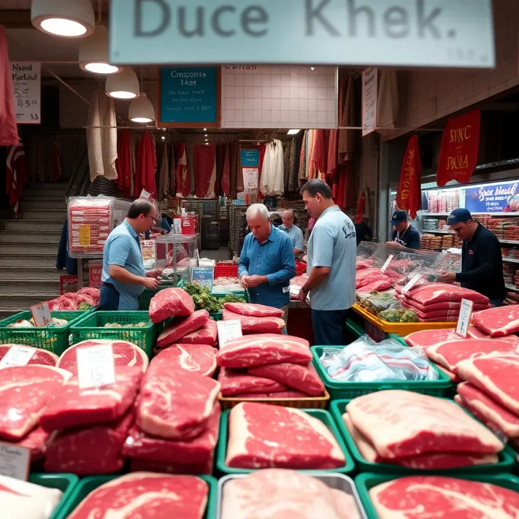 Vendors in a California meat market with beef products on display.