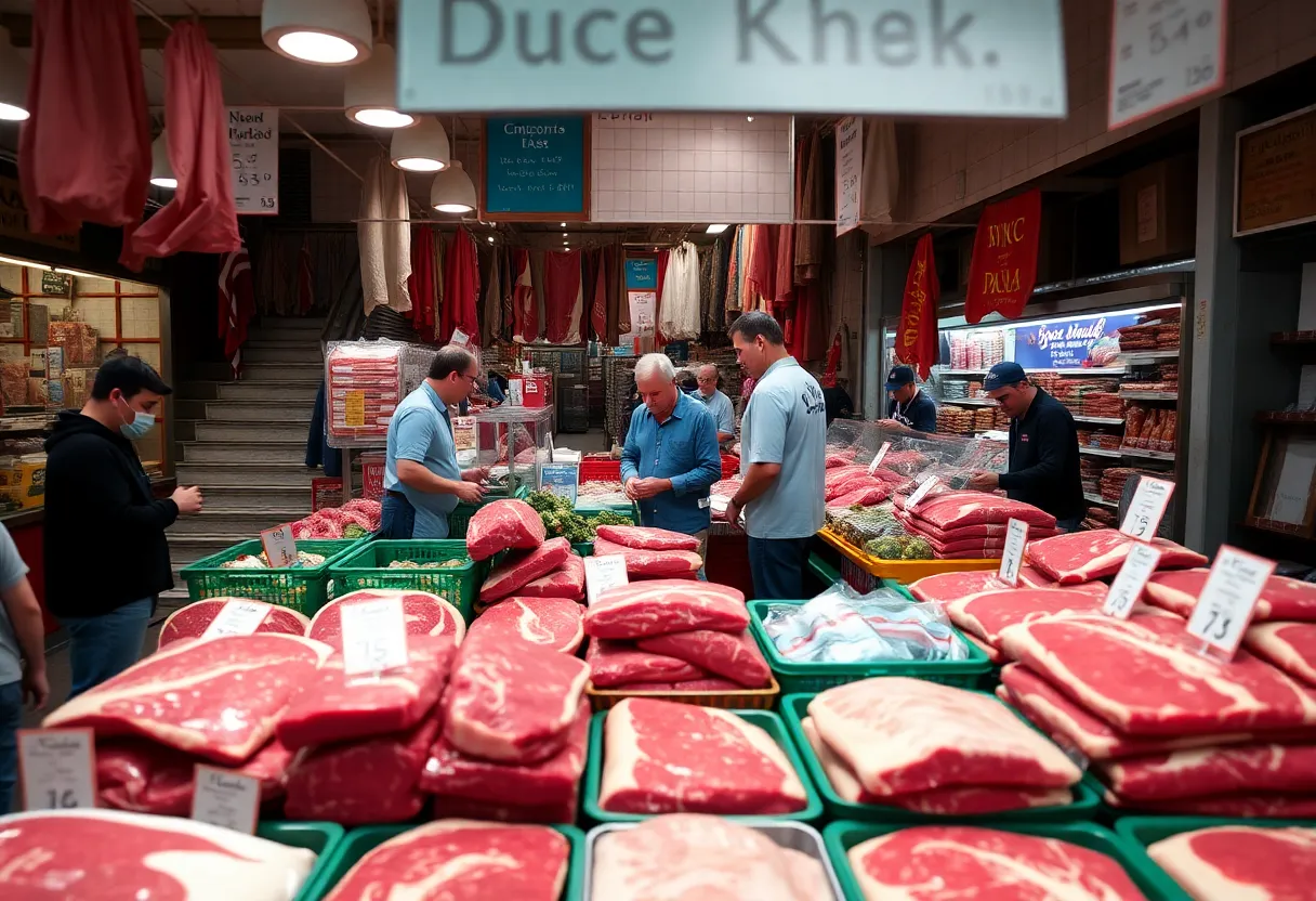 Vendors in a California meat market with beef products on display.