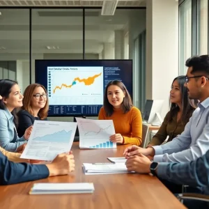 Professionals discussing climate disclosure data in an office