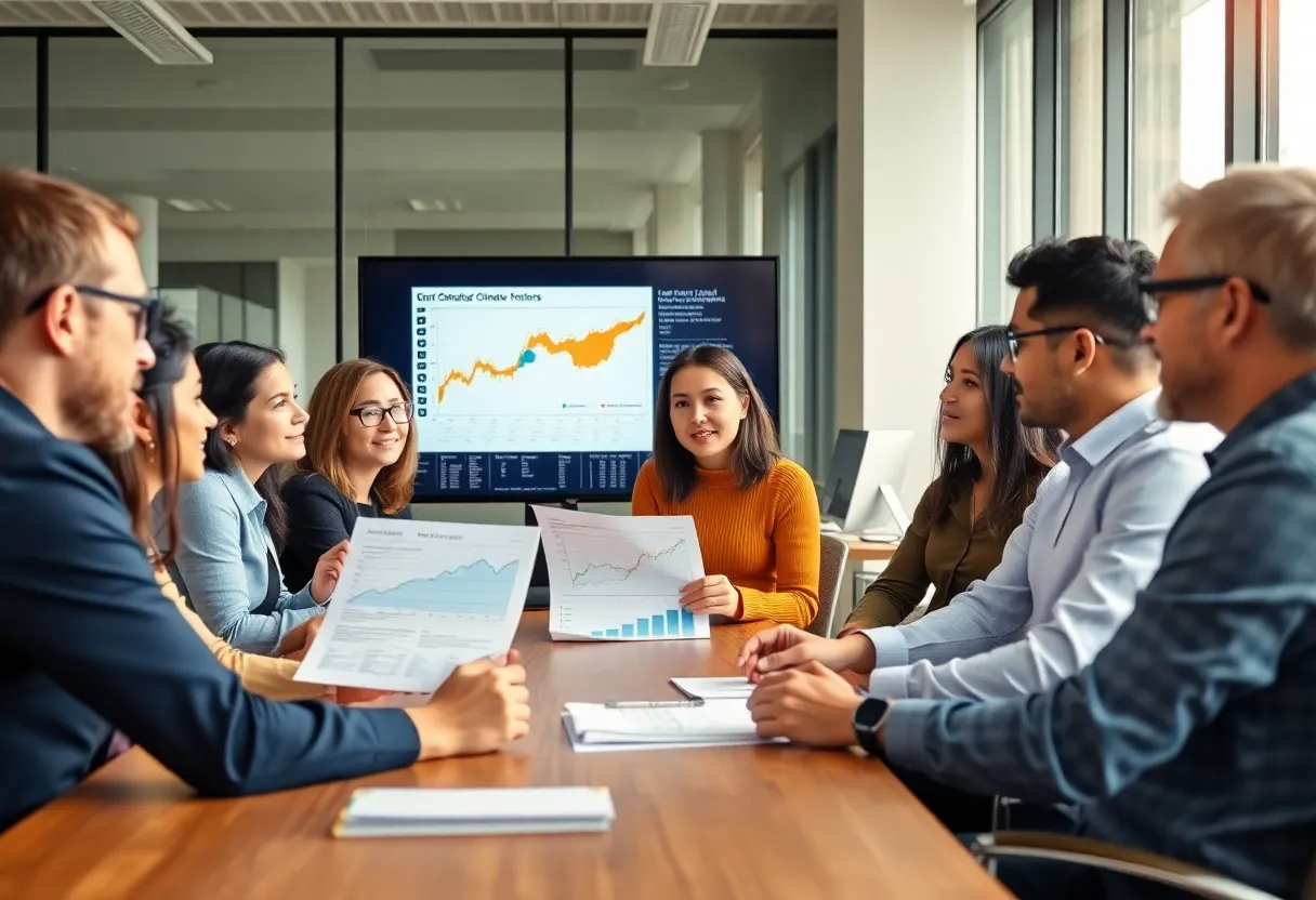 Professionals discussing climate disclosure data in an office