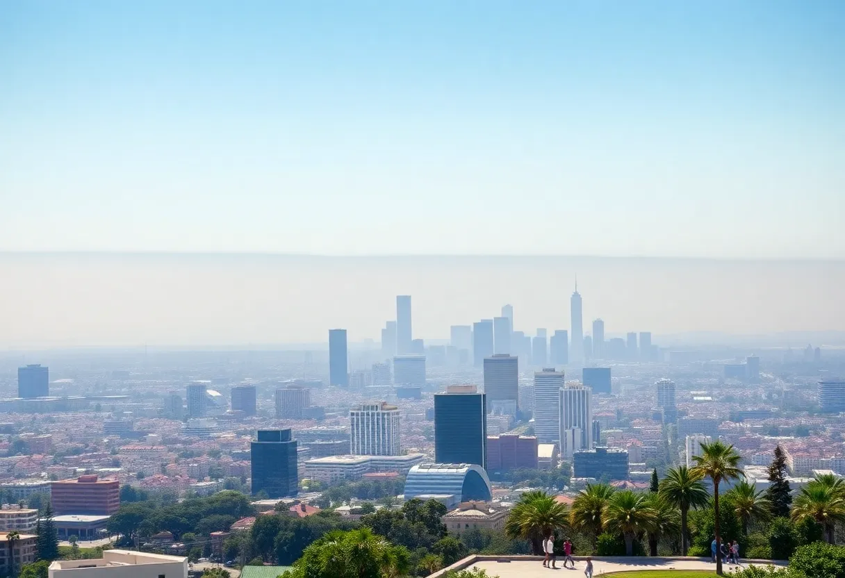 Panoramic view of California skyline with signs of climate awareness