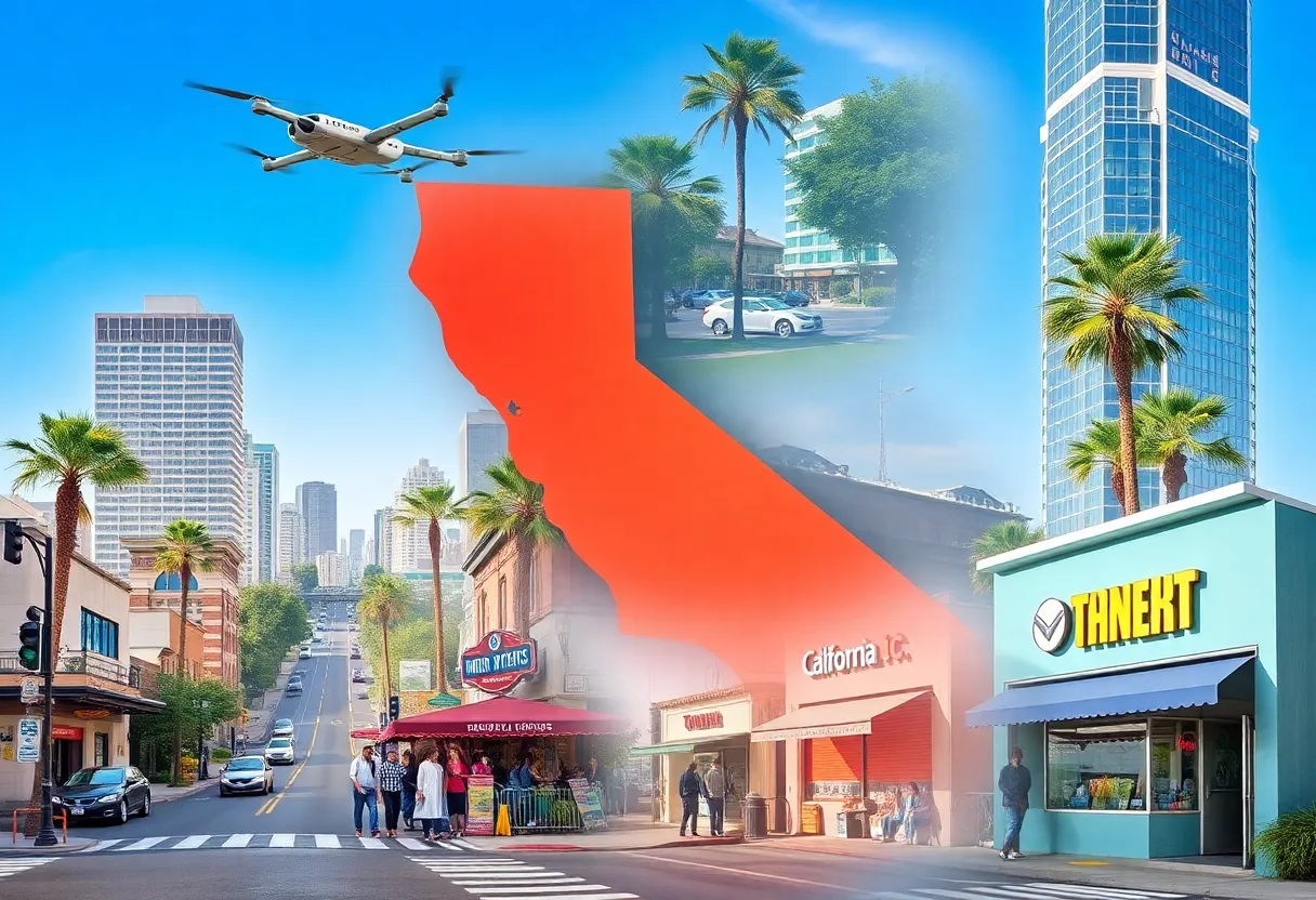 Colorful depiction of California's evolving economy with flying taxis and local businesses.