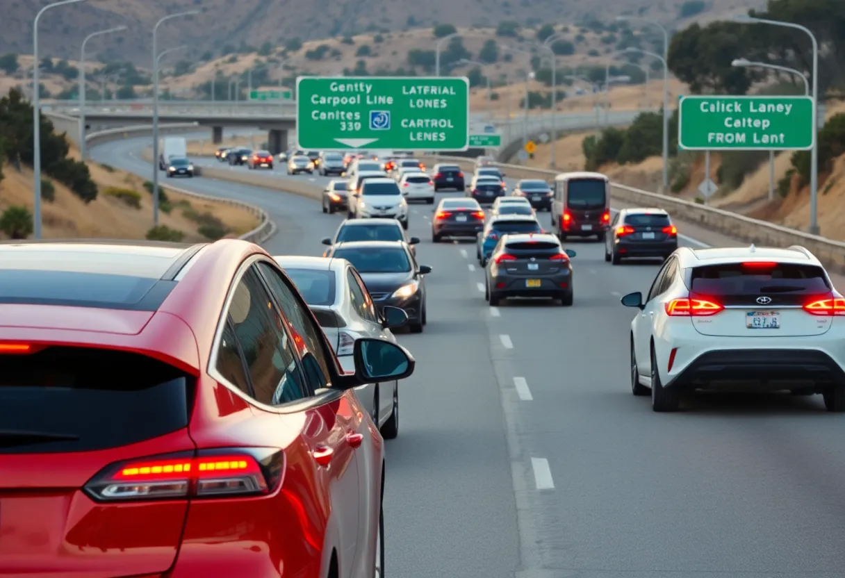 Electric vehicles using carpool lanes on a California highway