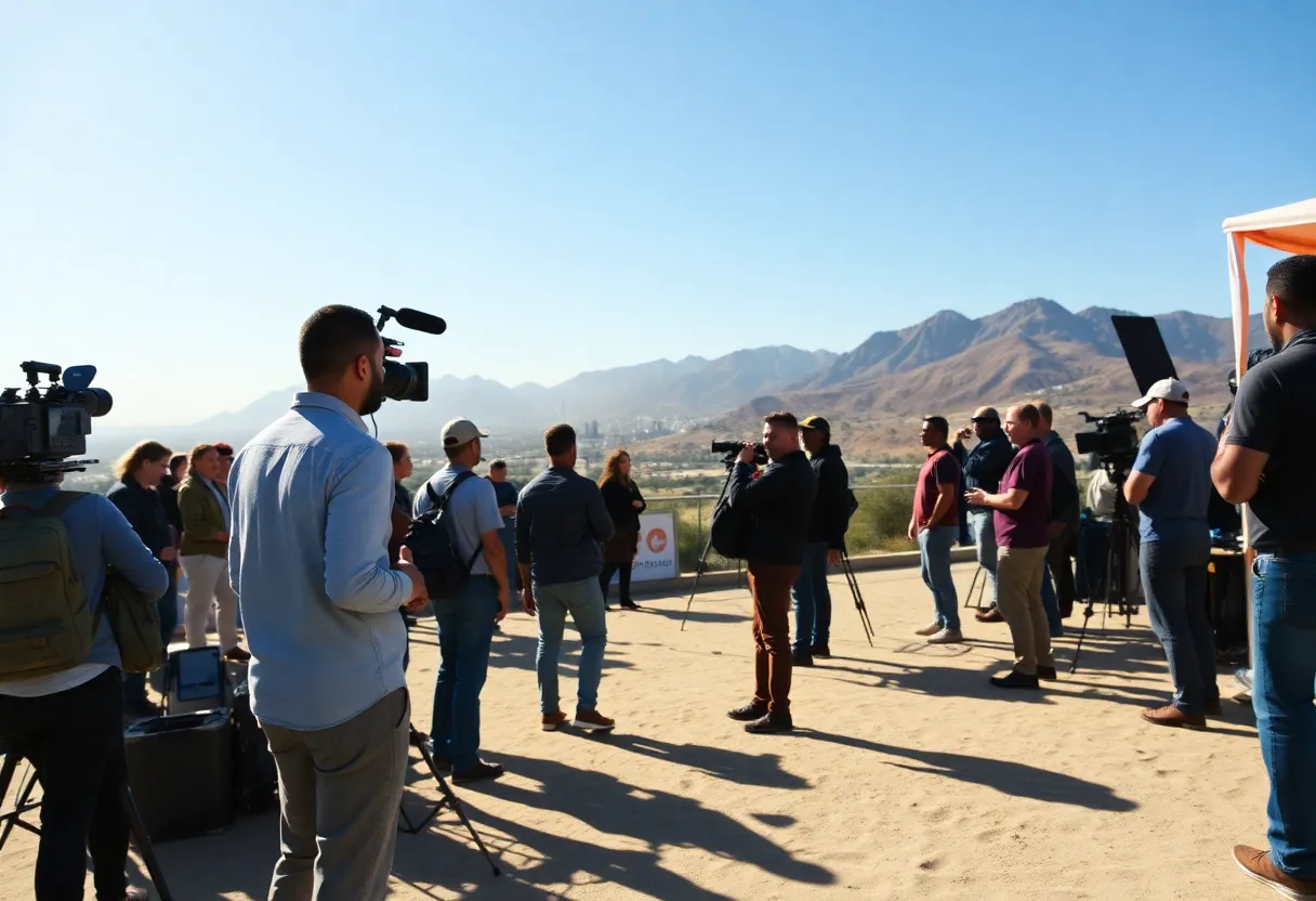 A film crew preparing for a shoot in California with scenic landmarks.