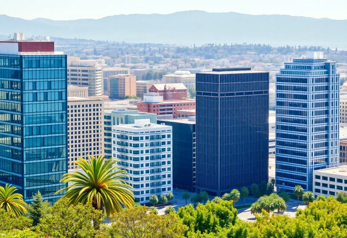 View of California financial district showcasing modern architecture and greenery.