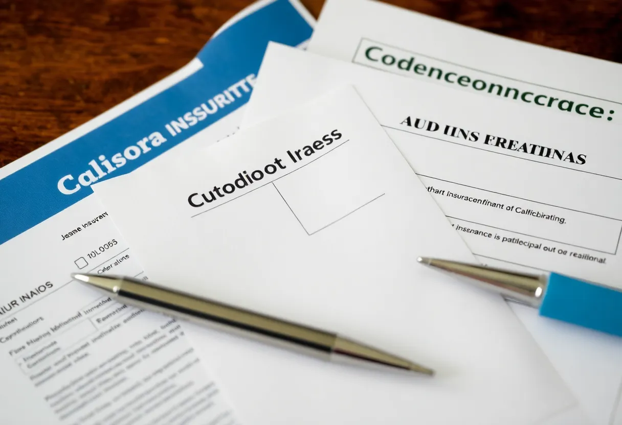 Illustration of healthcare documents and insurance icons representing California's health insurance challenges