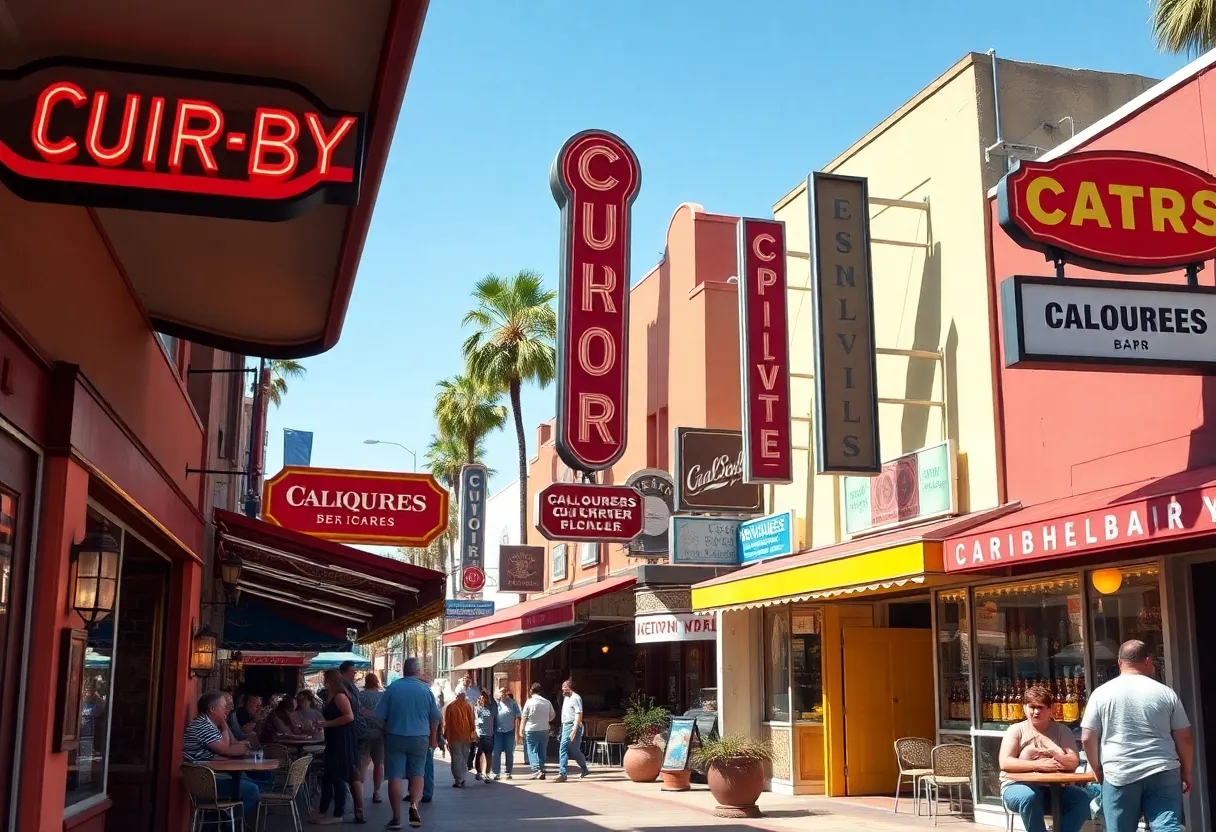 A street view of California with bars and liquor stores, people enjoying outdoor seating.