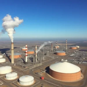 Aerial view of a California oil refinery with smoke stacks and storage tanks.