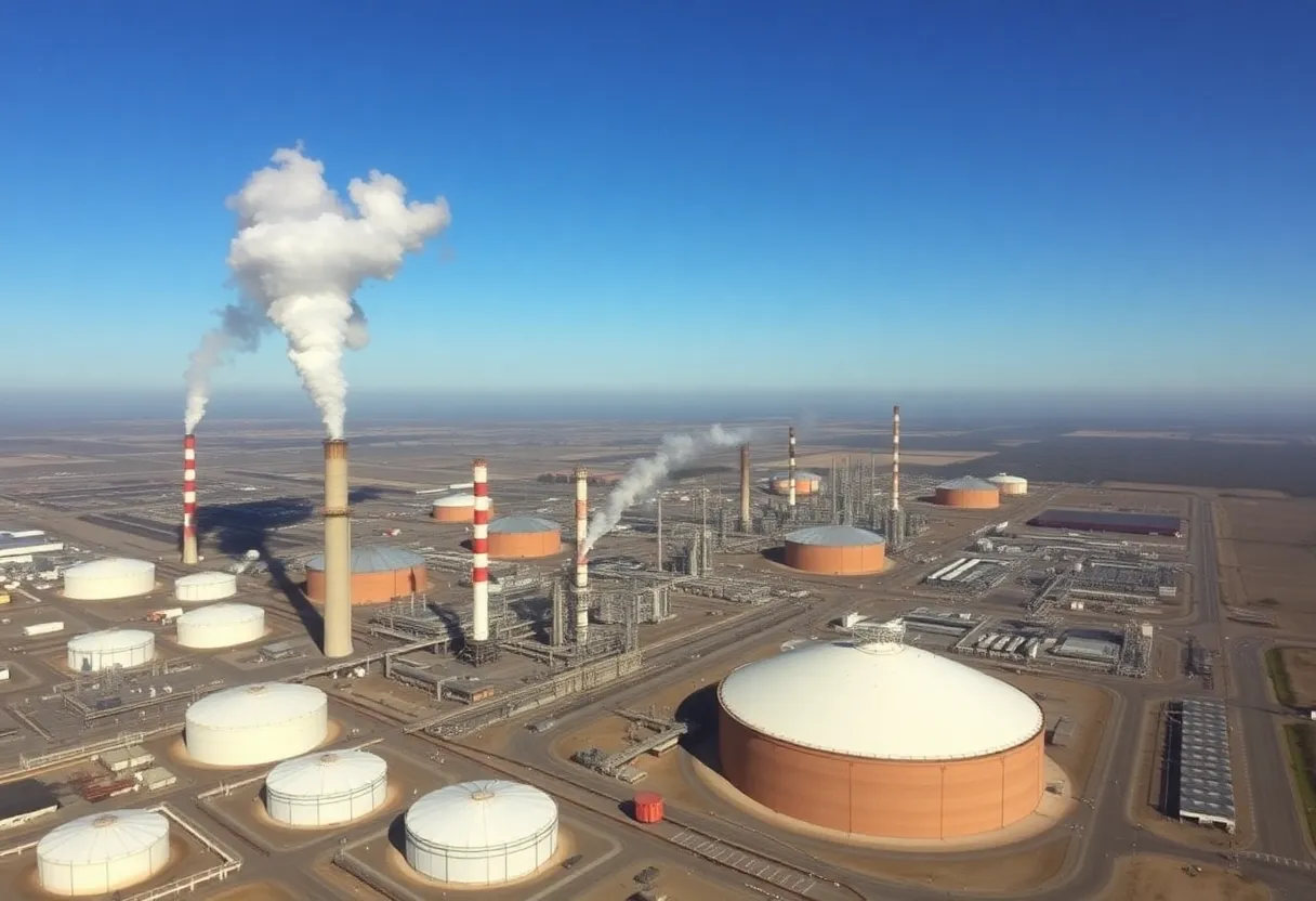 Aerial view of a California oil refinery with smoke stacks and storage tanks.
