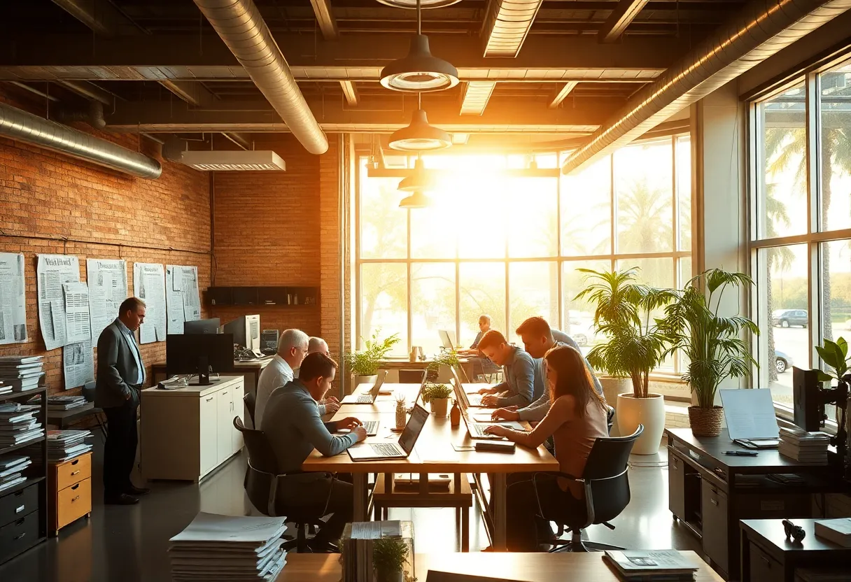 A vibrant newspaper office in California with journalists collaborating.