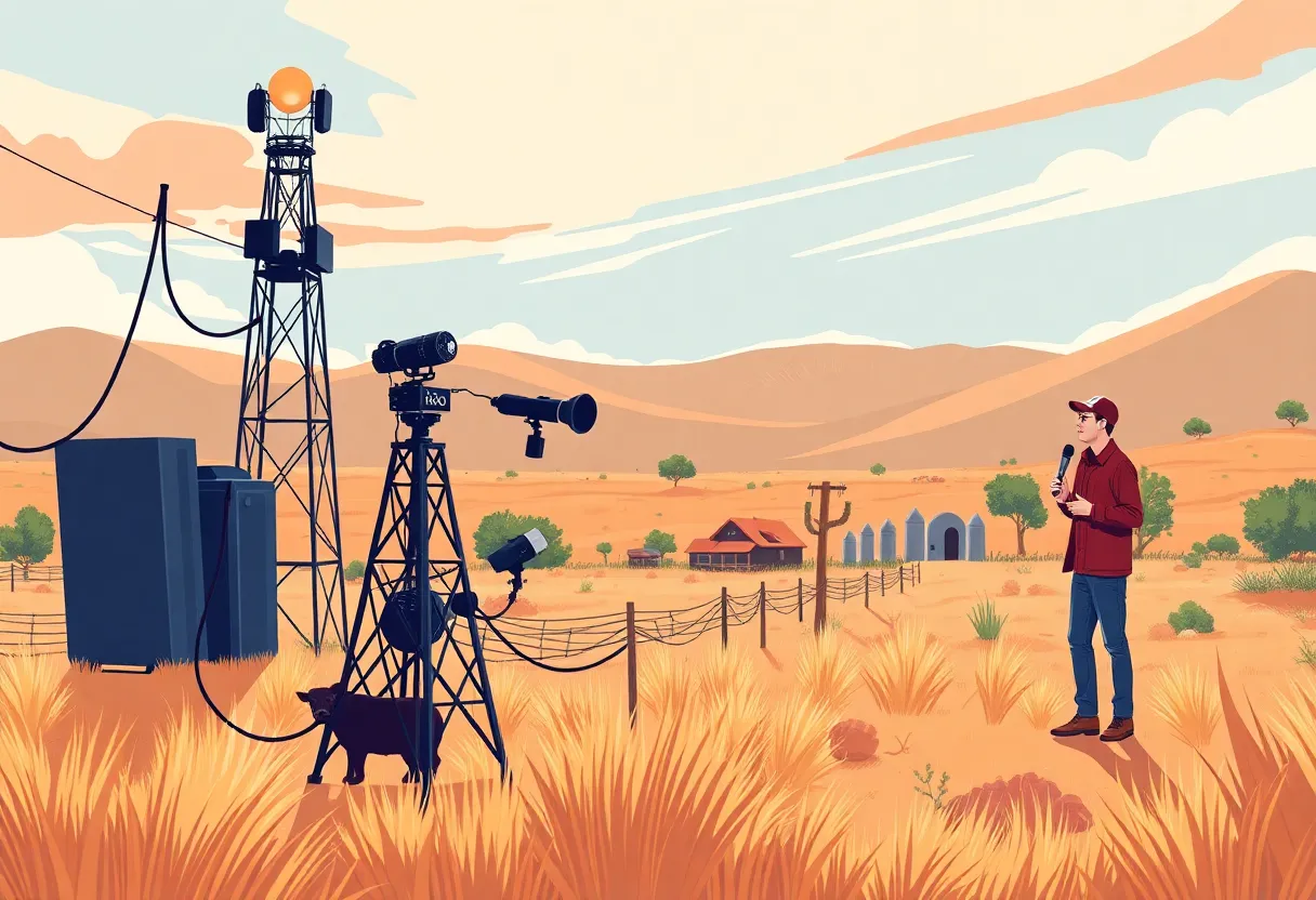 Illustration of public broadcasting in California with a radio tower and reporter