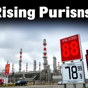 A California refinery with rising fuel prices signage.