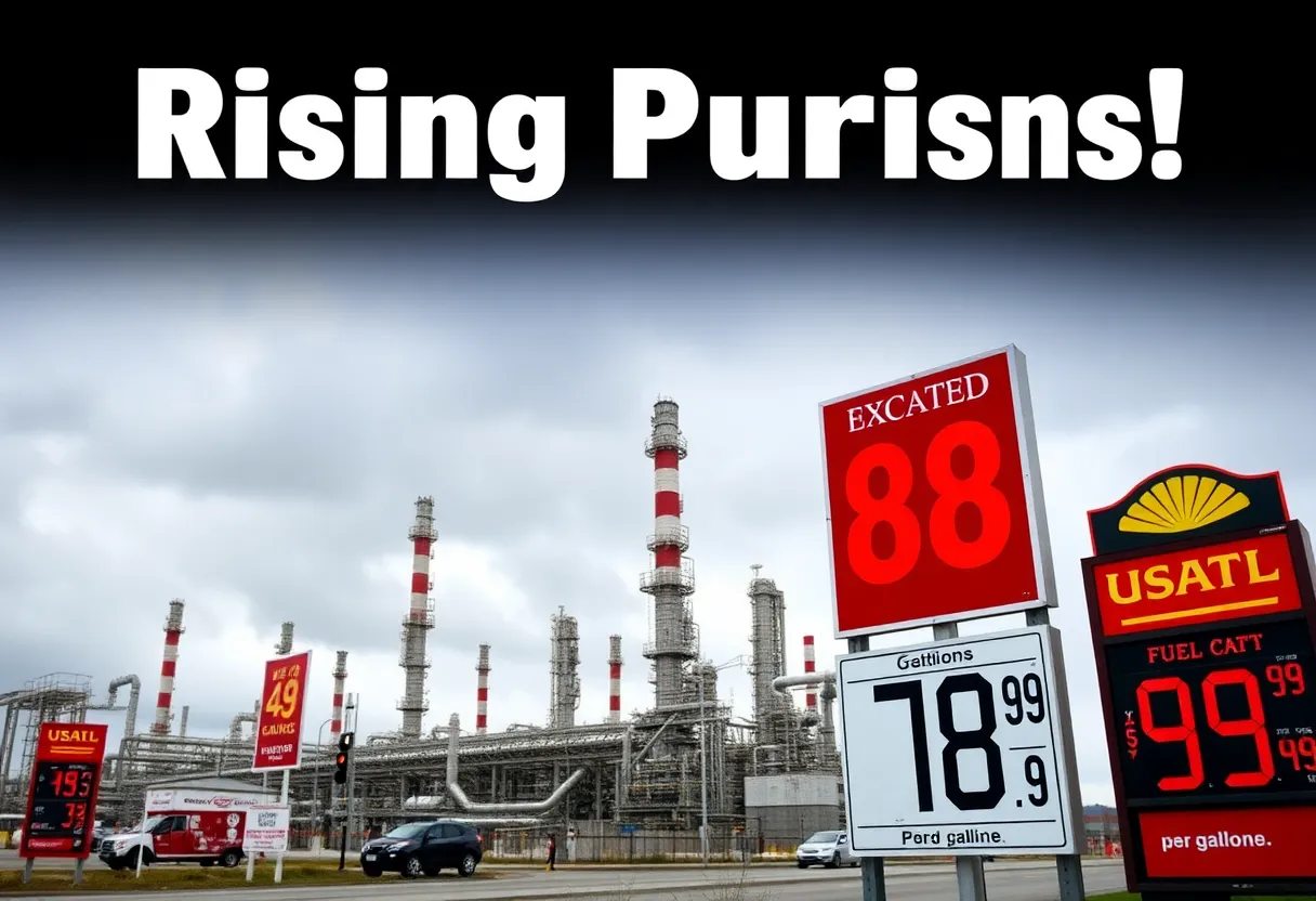 A California refinery with rising fuel prices signage.