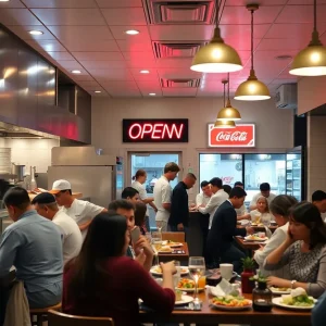 A lively California restaurant with chefs and customers
