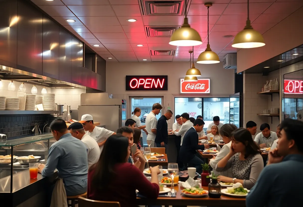 A lively California restaurant with chefs and customers