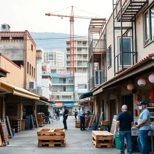 Illustration of a vibrant small business environment in California with shops and construction.