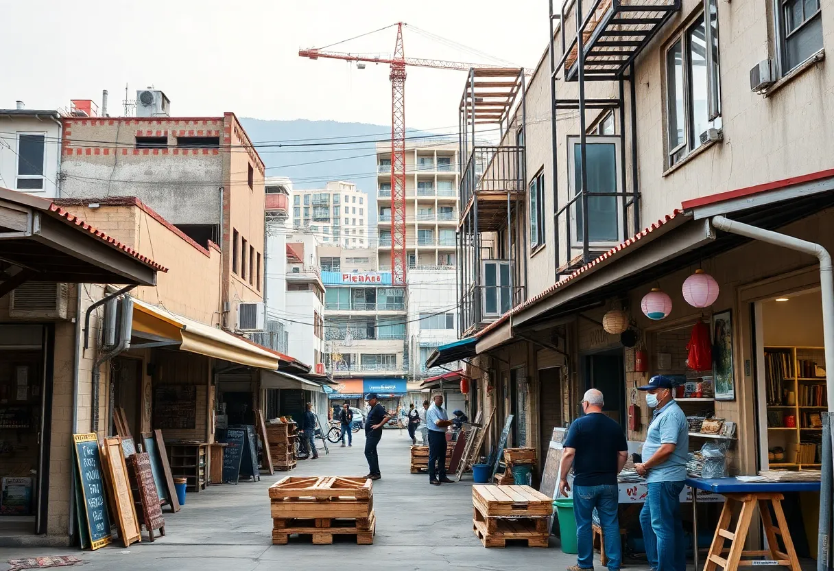 Illustration of a vibrant small business environment in California with shops and construction.