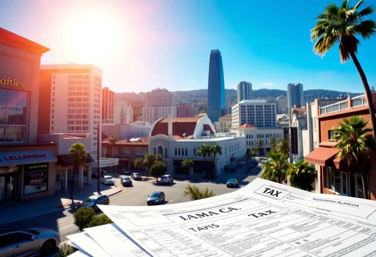California skyline with businesses and tax documents