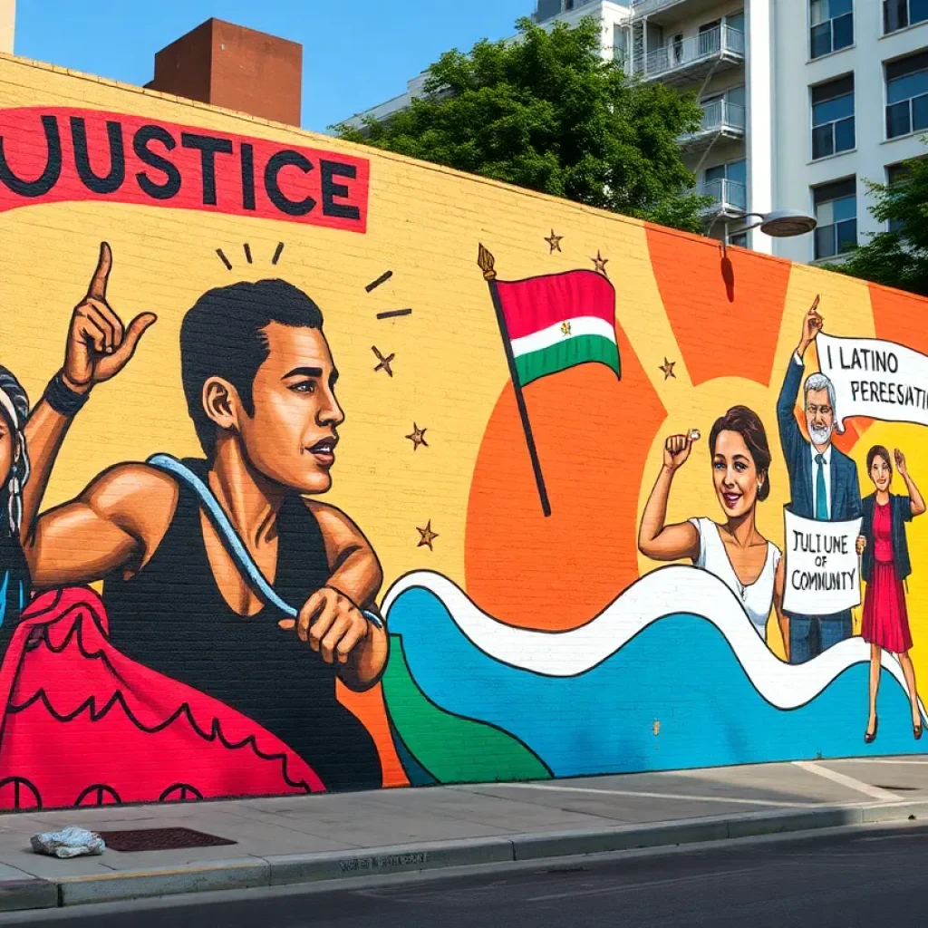 Mural showcasing themes of justice and representation in Latino culture.