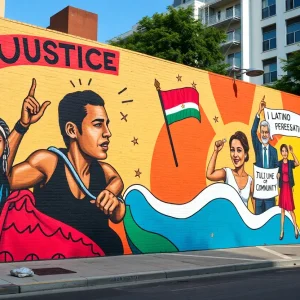 Mural showcasing themes of justice and representation in Latino culture.