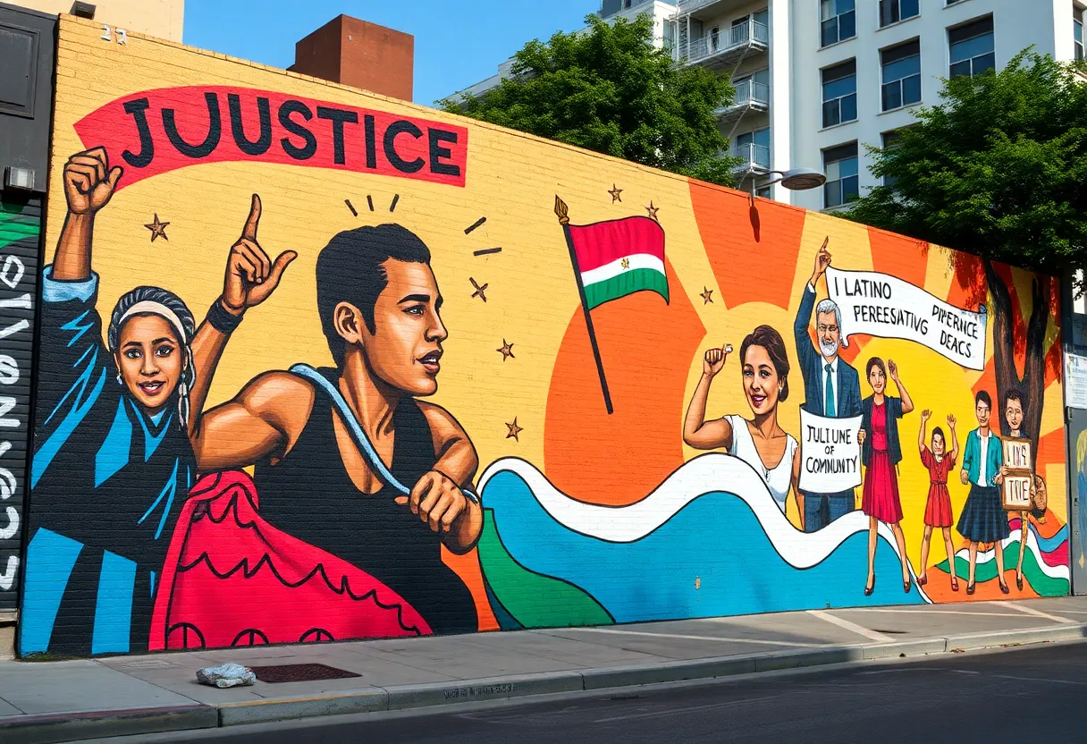 Mural showcasing themes of justice and representation in Latino culture.