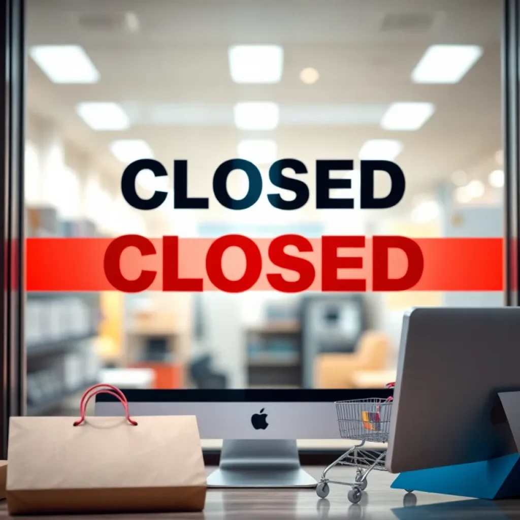 Sign indicating closed retail store with online shopping items