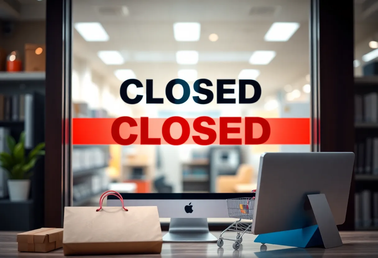 Sign indicating closed retail store with online shopping items