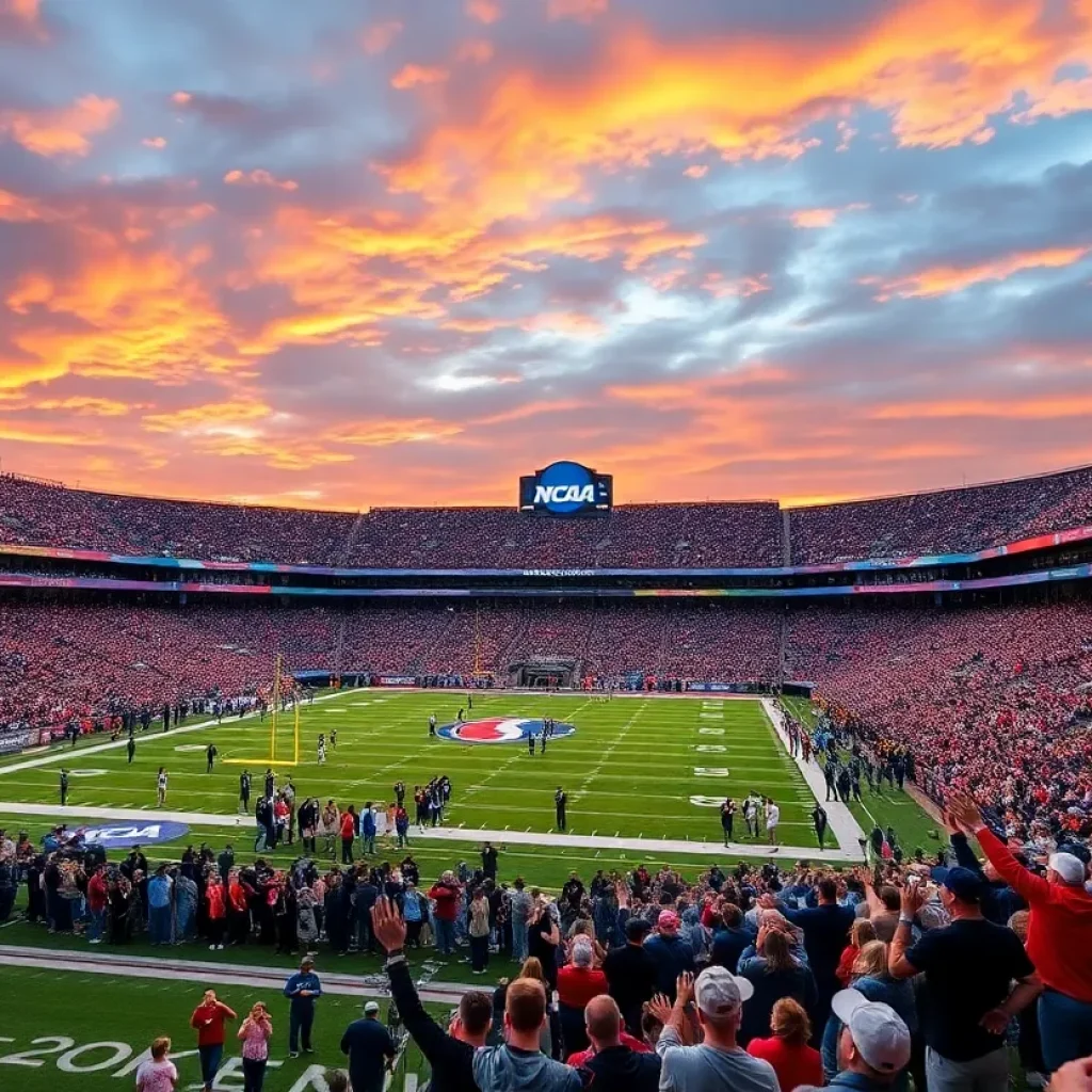 Crowd of college football fans cheering in a stadium