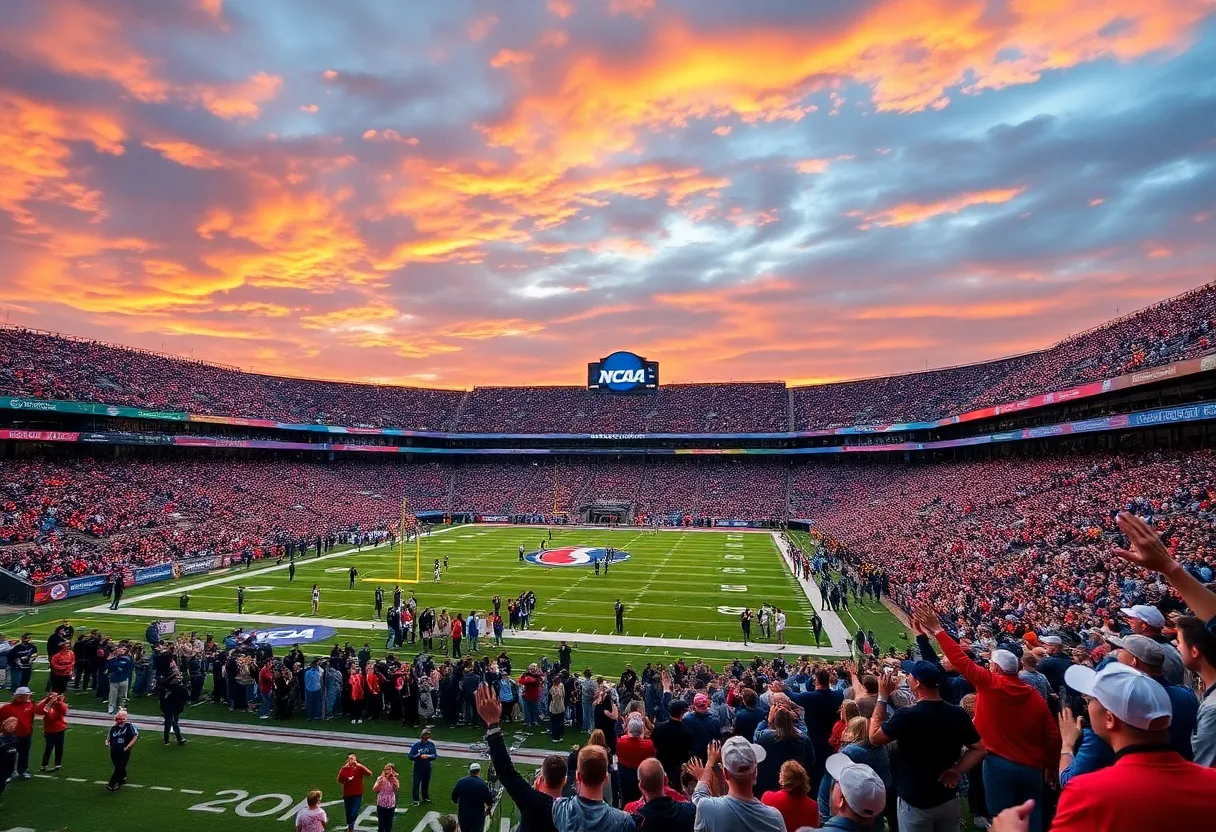 Crowd of college football fans cheering in a stadium