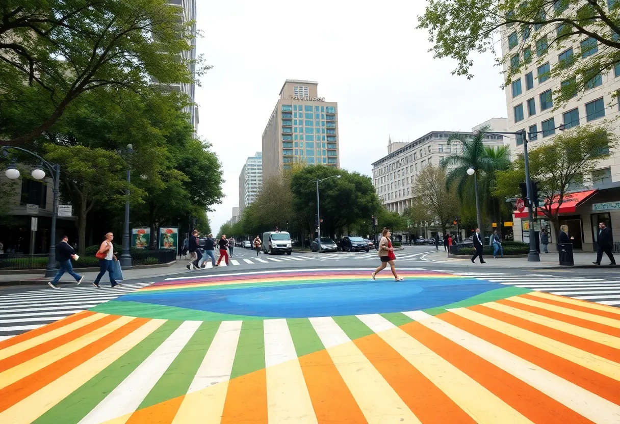 Colorful painted crosswalk in Los Angeles showing pedestrians crossing