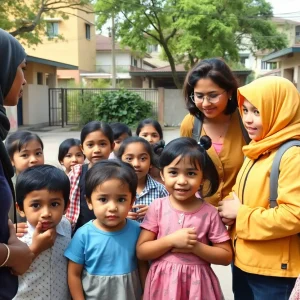 Students and educators gathering in front of a school building promoting a safe learning environment