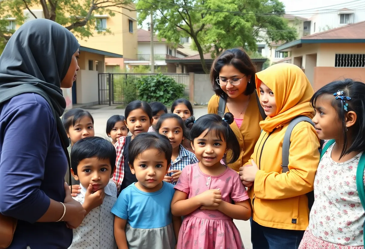 Students and educators gathering in front of a school building promoting a safe learning environment