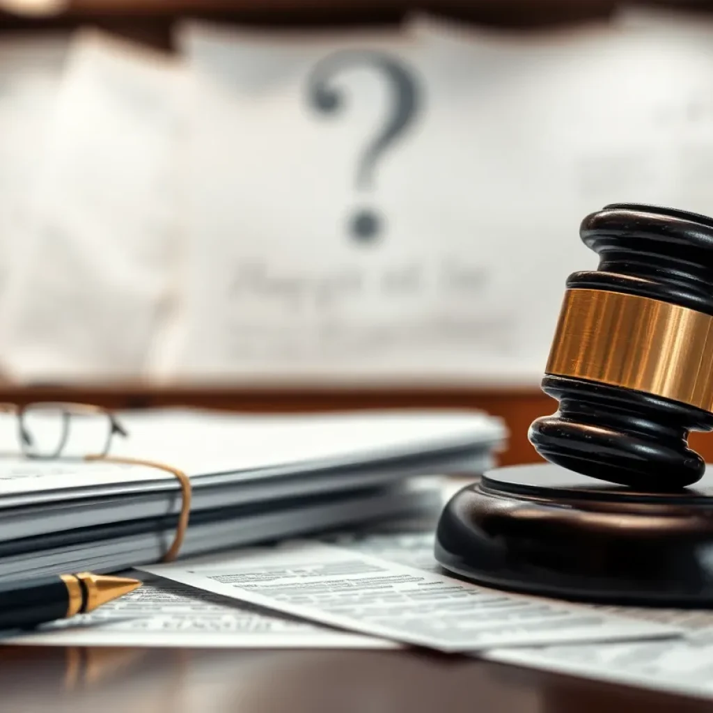 Courtroom with legal documents and a gavel symbolizing challenges to legal authority.