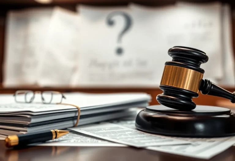 Courtroom with legal documents and a gavel symbolizing challenges to legal authority.